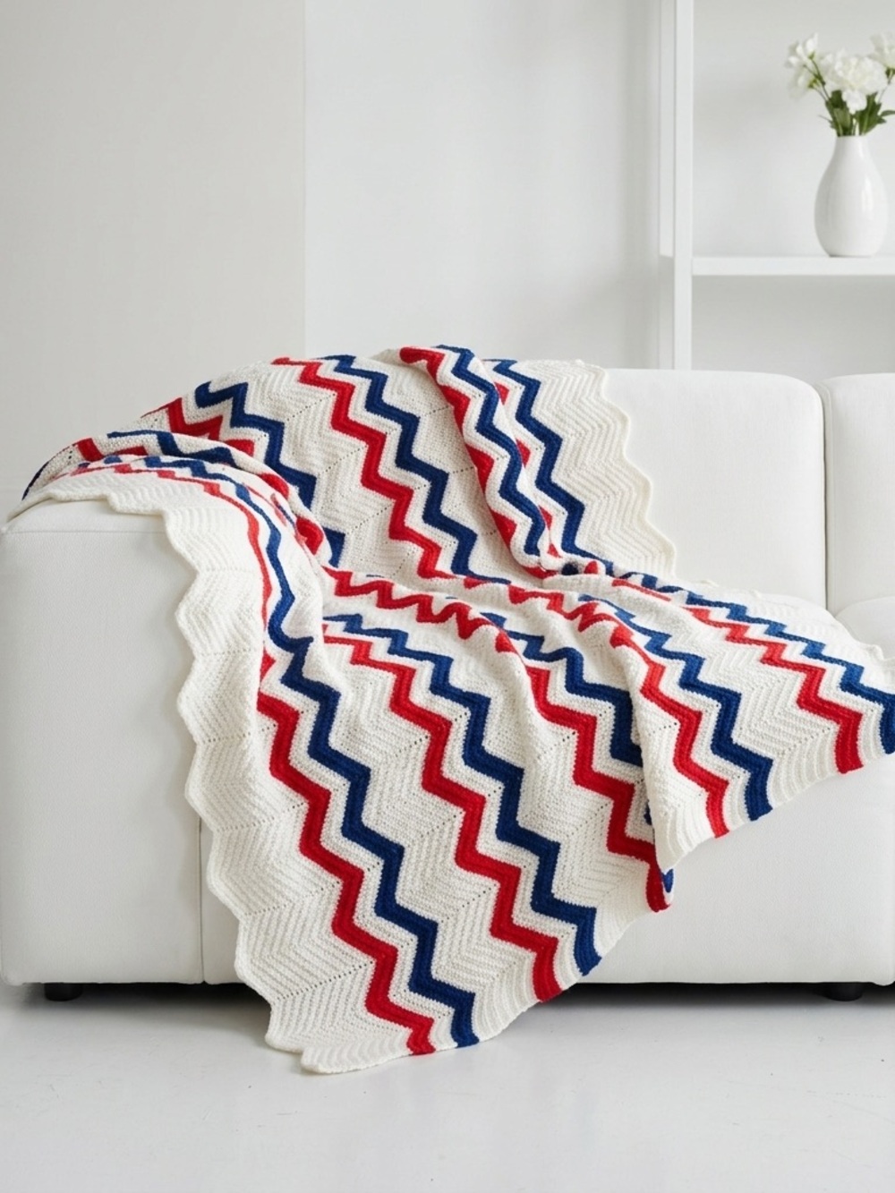 Handmade Red White Blue Chevron Crochet Afghan Blanket Throw 58x36